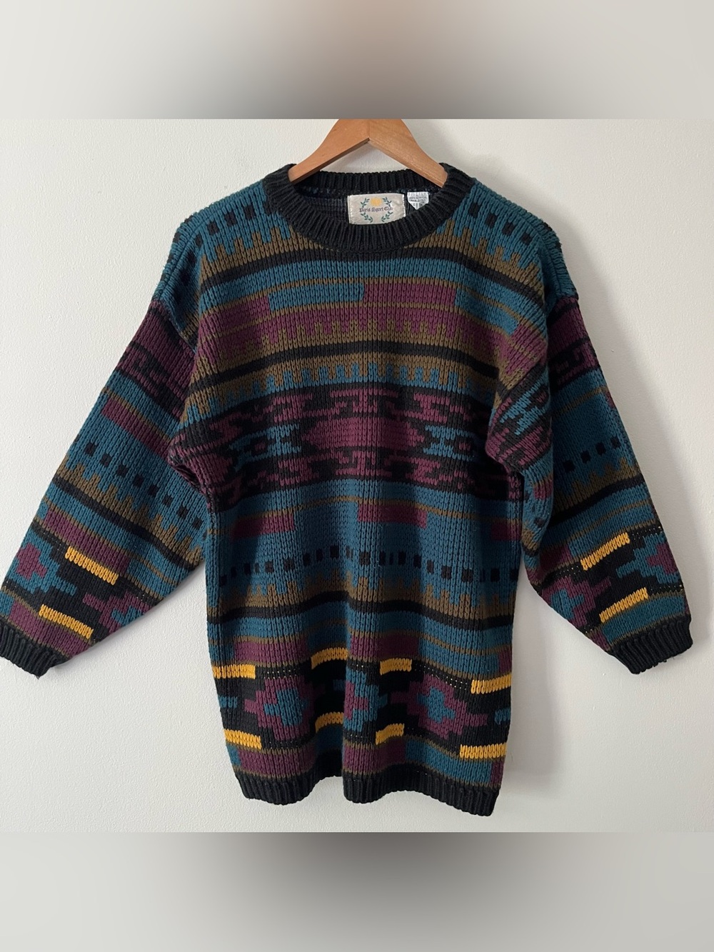 Vintage Paris Sport Club Black Teal Aztec Boyfriend Cosby Grandpa Sweater L